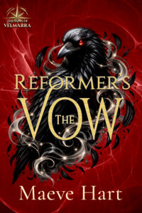Reformer’s Vow by Maeve Hart fantasy romance ebook cover displayed on a black tablet, featuring a magical black raven with a glowing red eye, black feathers, and sparkling silver magic from The Vows of Velmarra series.