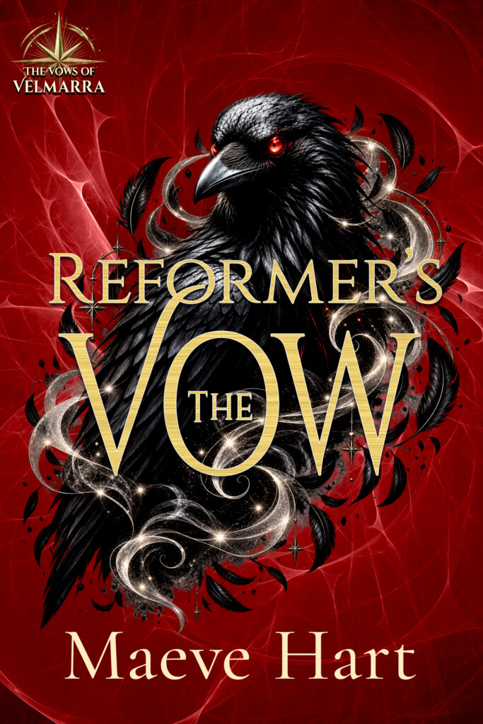 Reformer’s Vow by Maeve Hart fantasy romance ebook cover displayed on a black tablet, featuring a magical black raven with a glowing red eye, black feathers, and sparkling silver magic from The Vows of Velmarra series.